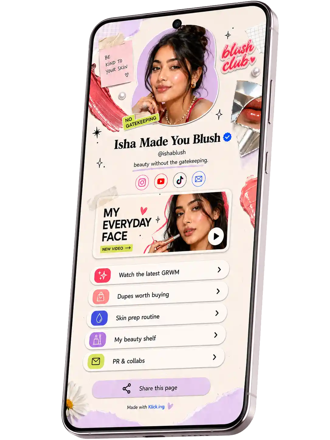 A Klick.ing link-in-bio page shown on a phone